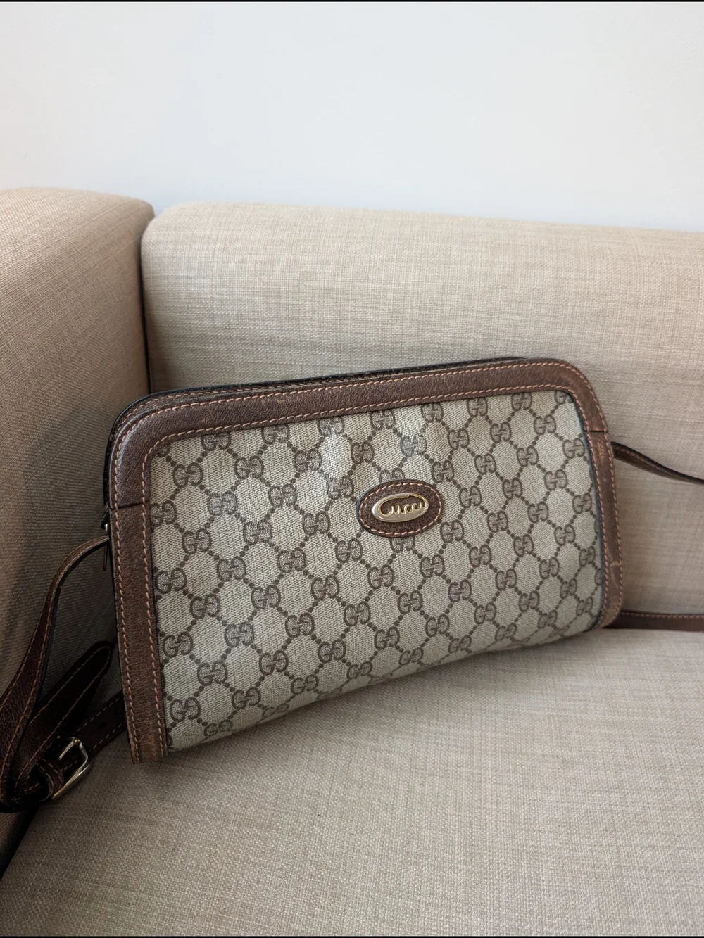 Gucci Beige GG Canvas Crossbody with Brown Leather Trim